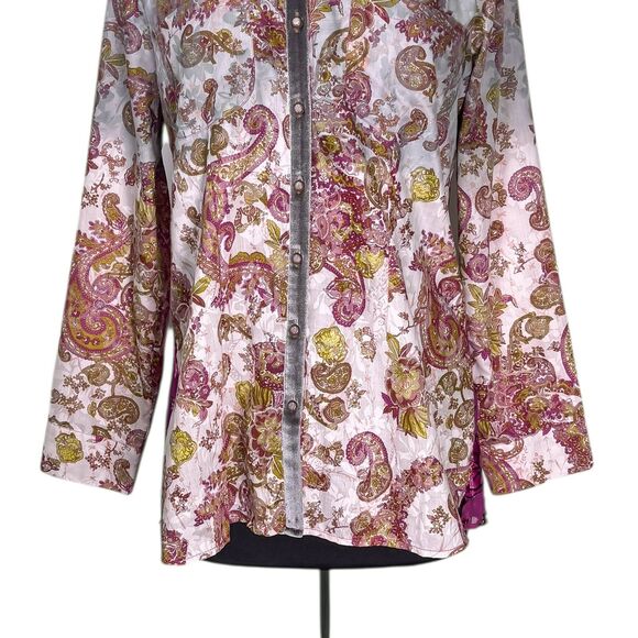 Aratta Silent Journey Button Up Shirt Paisley Velvet Burnout Mixed Print Boho M - Picture 7 of 10